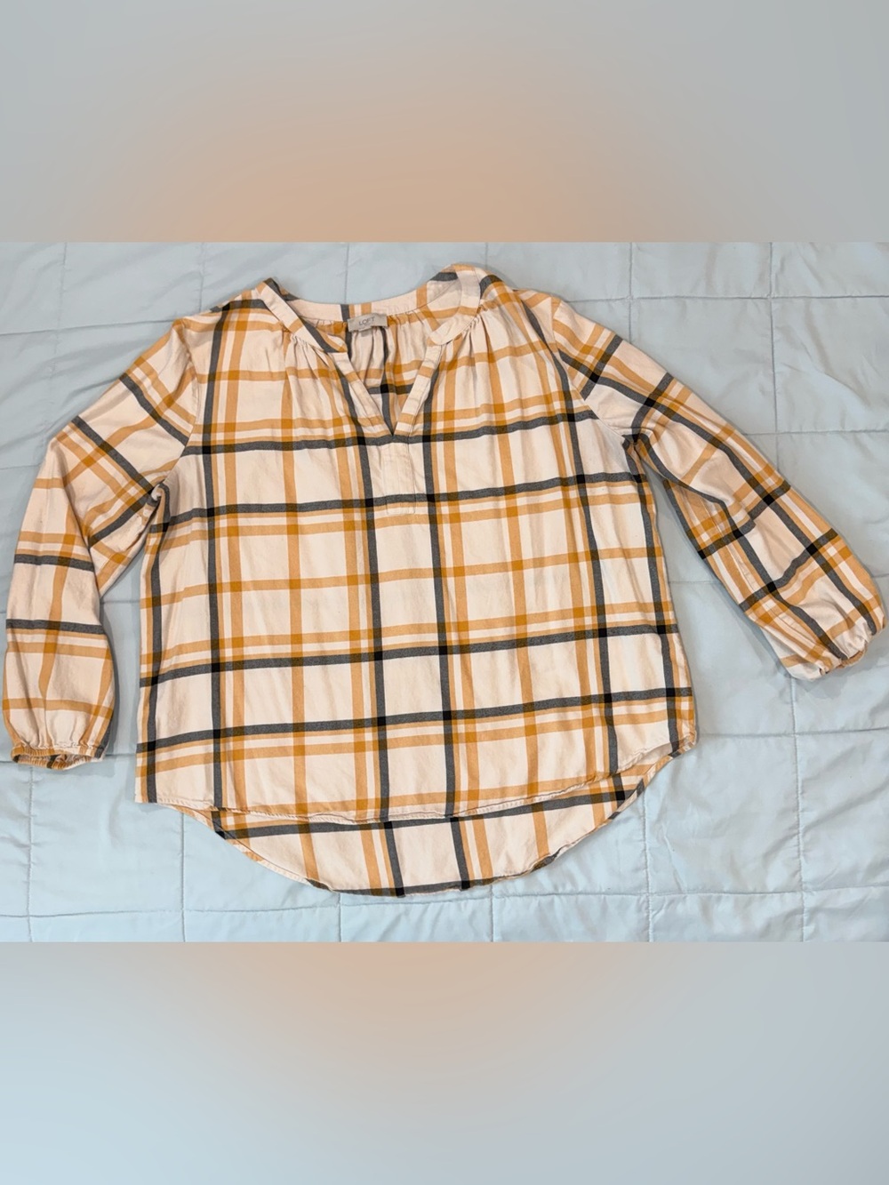 LOFT Women’s Top - Cream, Mustard & Charcoal Plaid Long-Sleeve Blouse